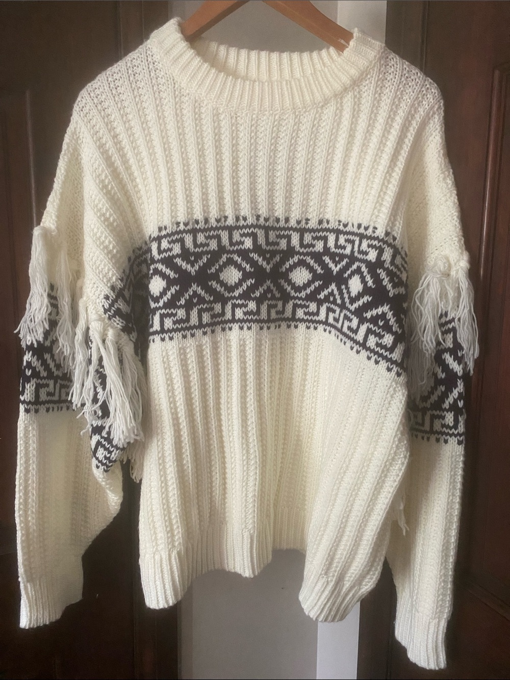 Altar'd State Cream and Black Fringe Fair Isle Crewneck Sweater